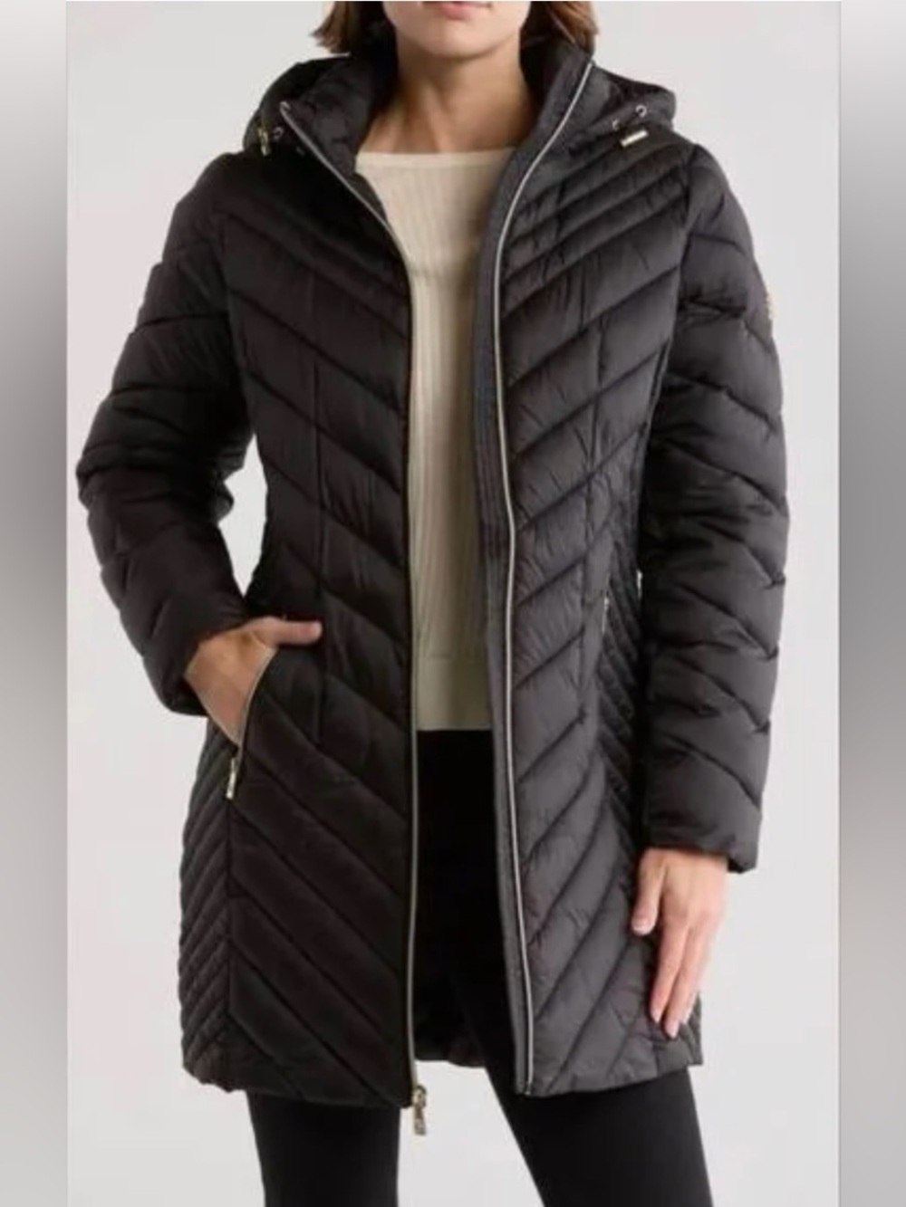 MICHAEL Michael Kors Black Down Fill Quilted Hooded Long Puffer Jacket in Bag.